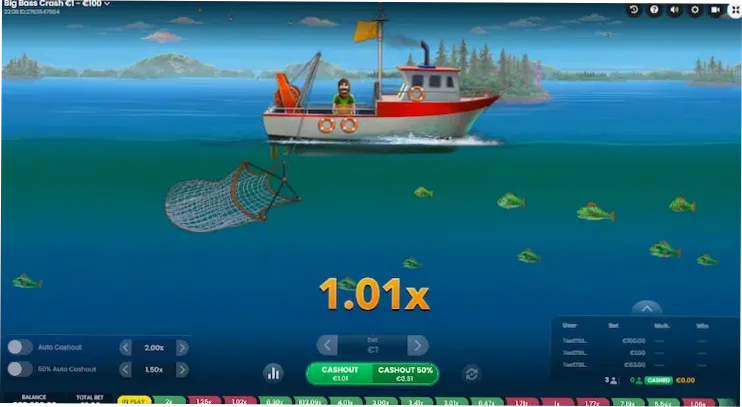 Big Bass Crash multiplier climbing — active round with cashout button