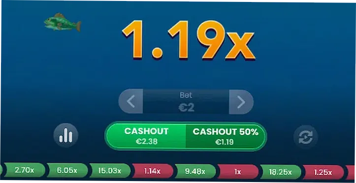 Big Bass Crash 50% cashout feature — CASHOUT and CASHOUT 50% buttons at 1.19x