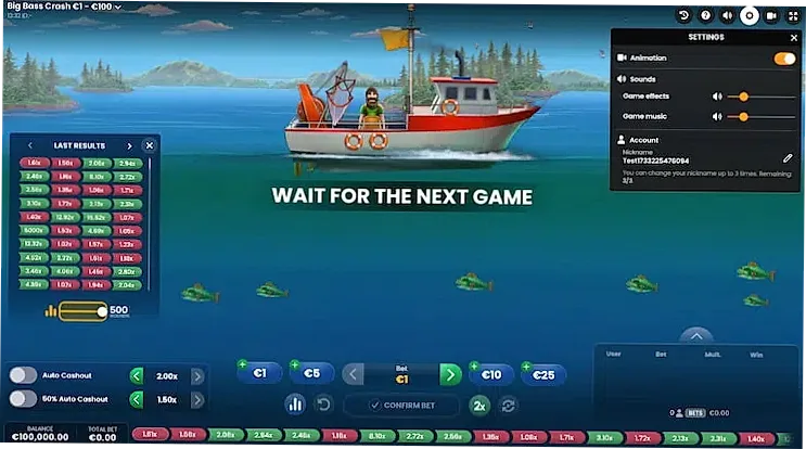 Big Bass Crash leaderboard and settings panel — multiplayer history view