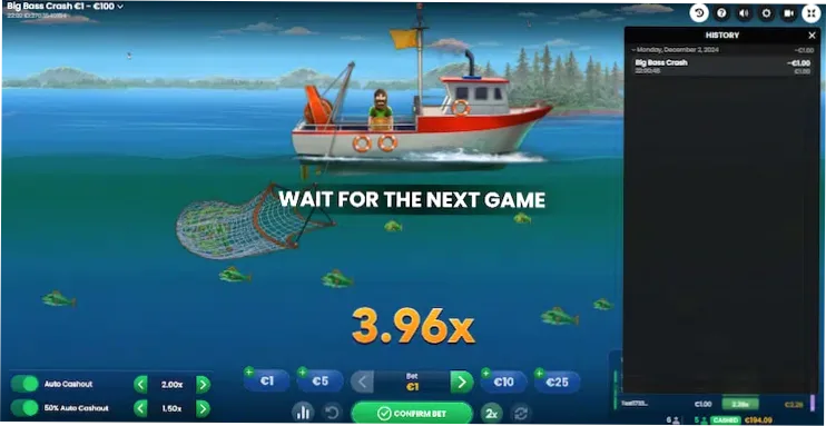 Big Bass Crash gameplay screenshot — multiplier at 3.96x with bet panel